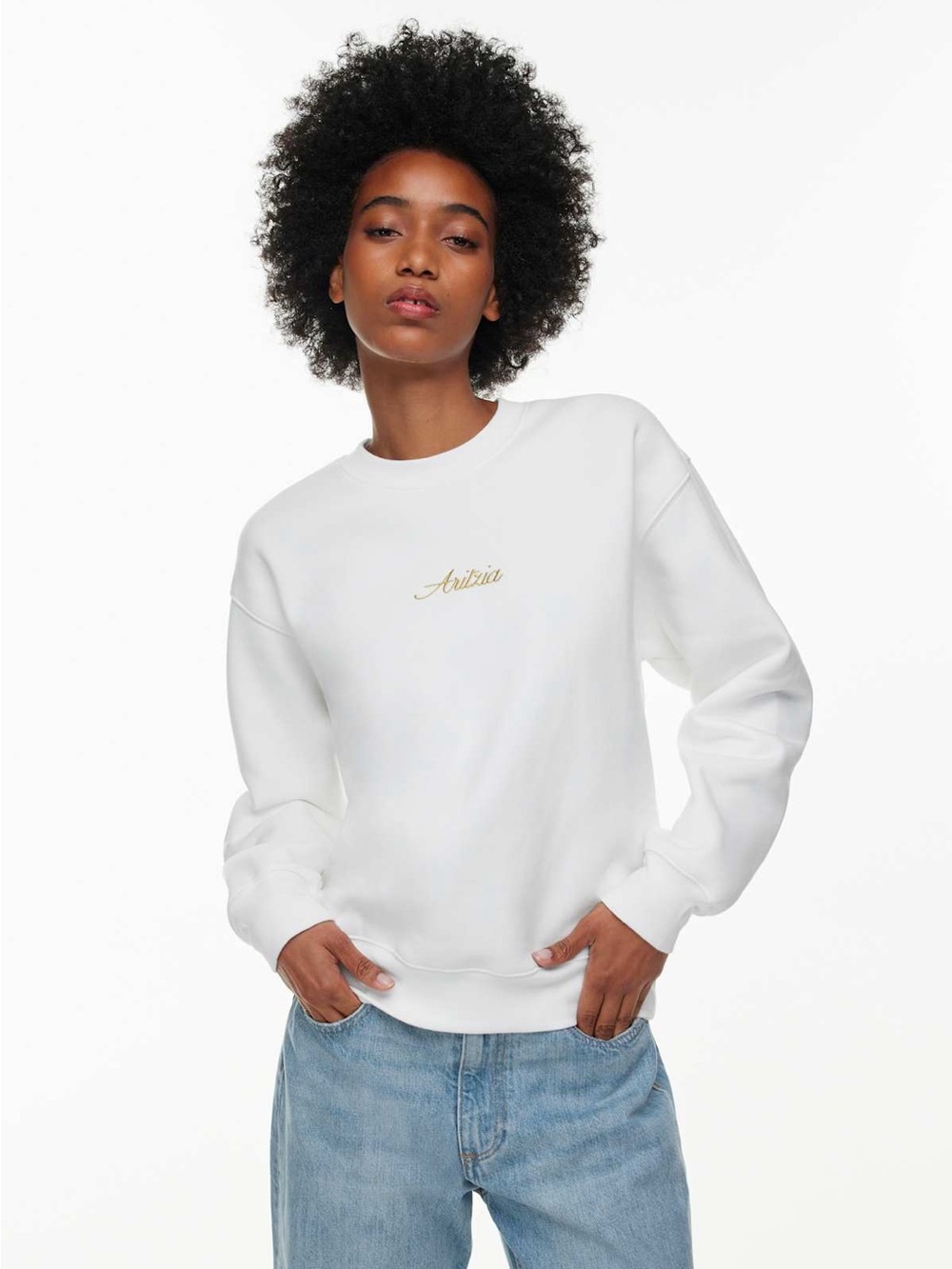 Aritzia Embroidered Spellout Cozy Fleece Perfect Crew Sweatshirt Black - Picture 5 of 5